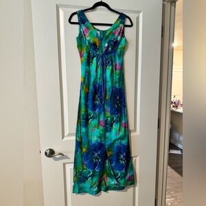 Vintage 60s Luahala Floral Hawaiian Dress Green Blue Tie Dye Fitted  Small? EUC